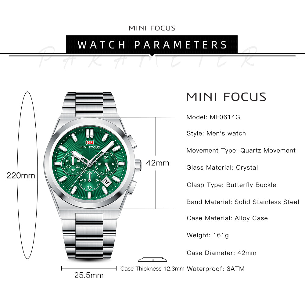 Green Sunburst Dial with Stainless Steel Bracelet Chronograph Watch for Men