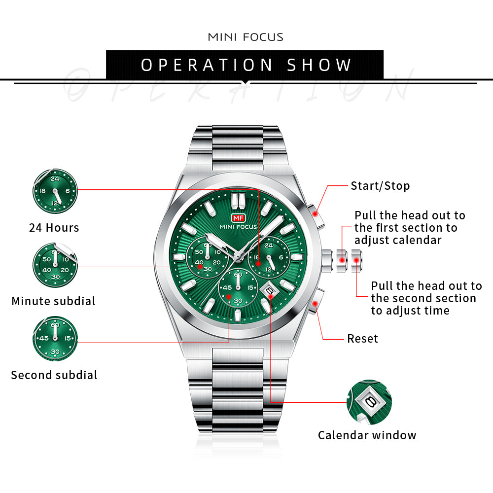 Green Sunburst Dial with Stainless Steel Bracelet Chronograph Watch for Men