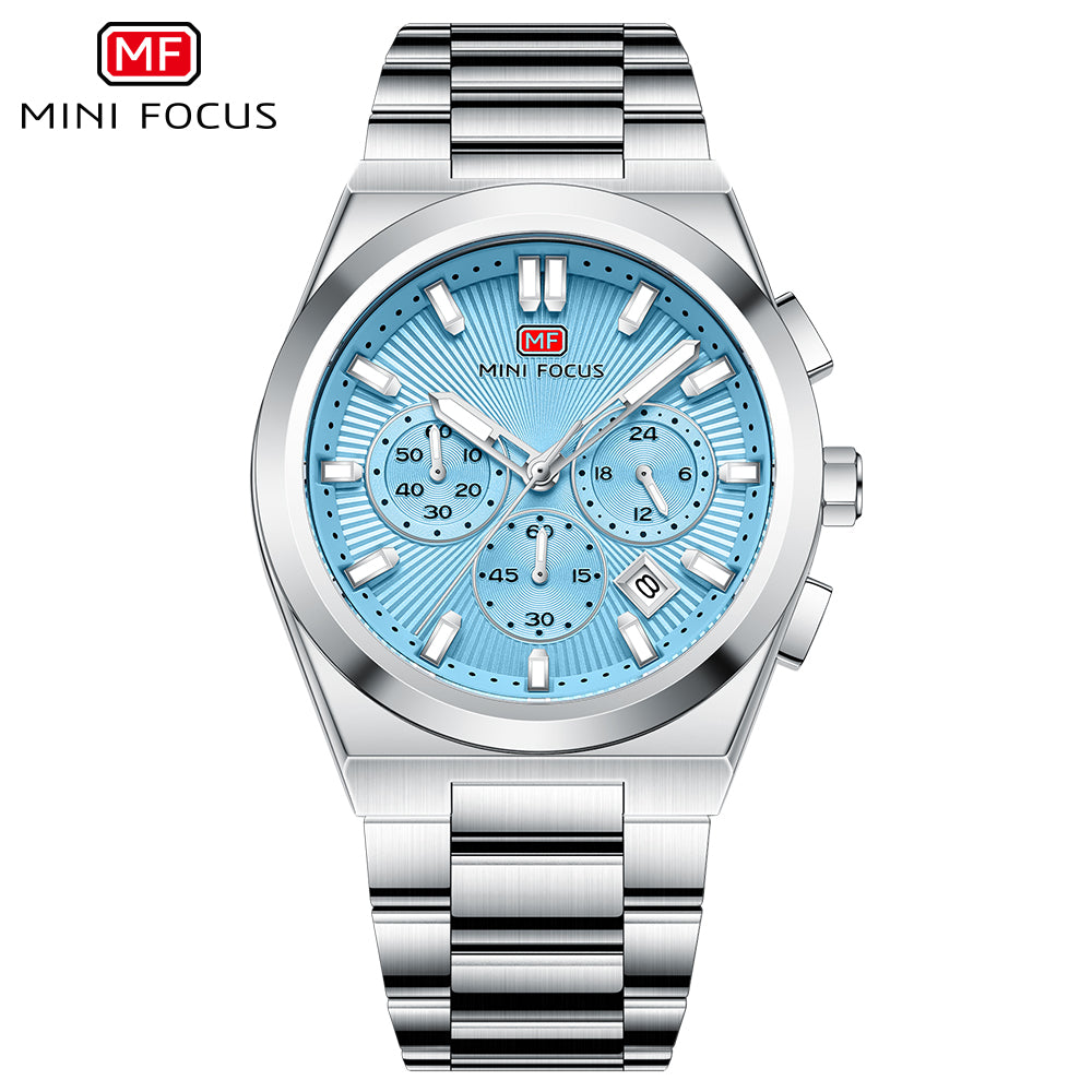 Blue Sunburst Dial with Stainless Steel Bracelet Chronograph Watch for Men