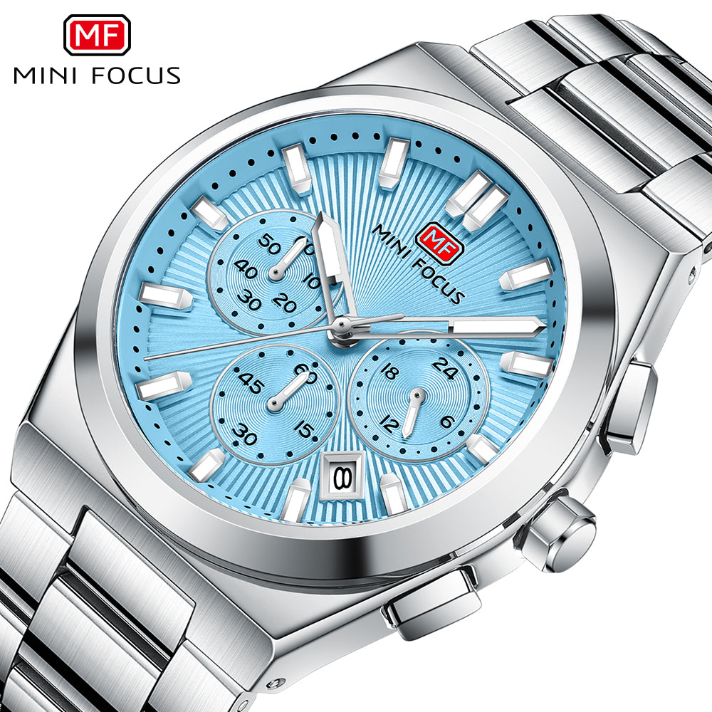 Blue Sunburst Dial with Stainless Steel Bracelet Chronograph Watch for Men