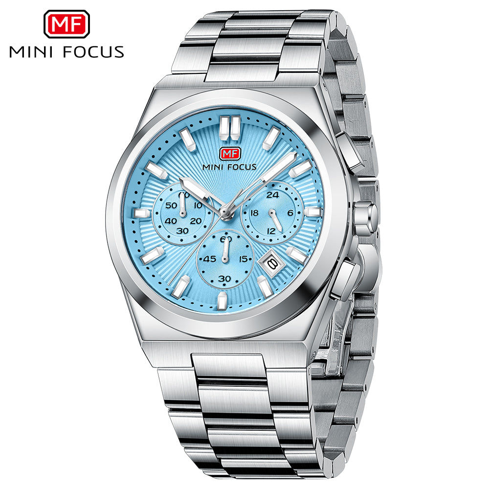 Blue Sunburst Dial with Stainless Steel Bracelet Chronograph Watch for Men