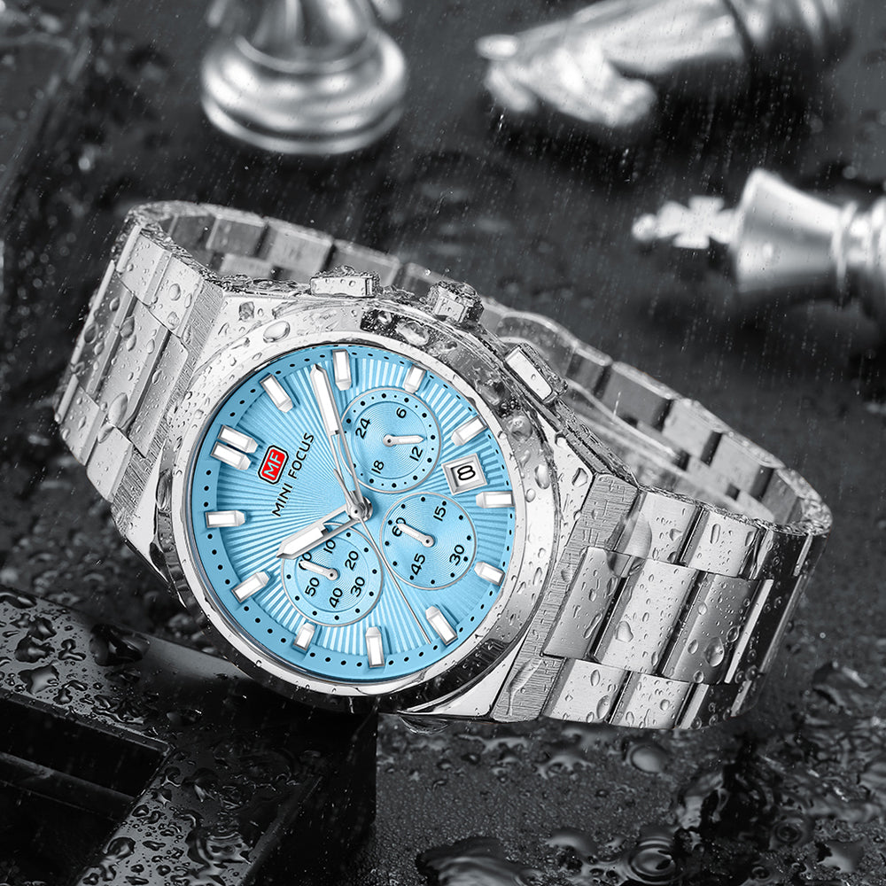 Blue Sunburst Dial with Stainless Steel Bracelet Chronograph Watch for Men