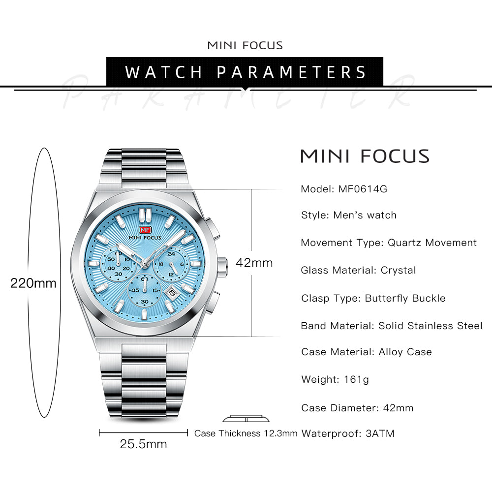 Blue Sunburst Dial with Stainless Steel Bracelet Chronograph Watch for Men