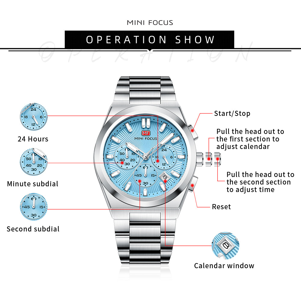 Blue Sunburst Dial with Stainless Steel Bracelet Chronograph Watch for Men