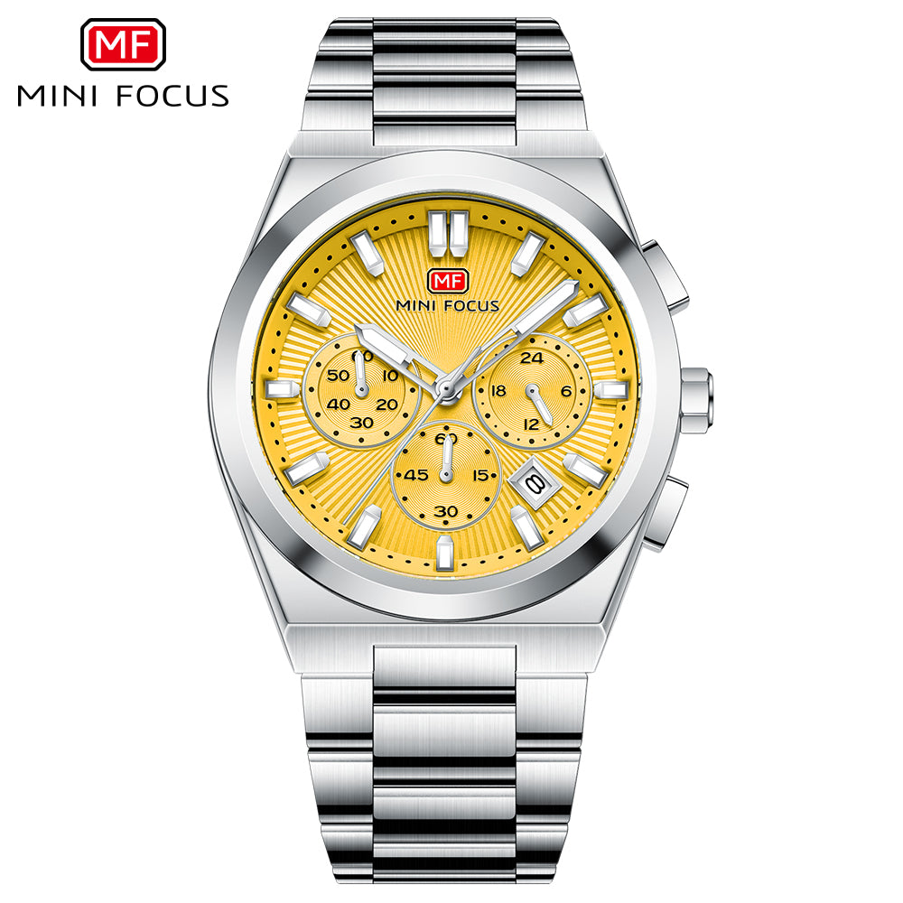 Yellow Sunburst Dial with Stainless Steel Bracelet Chronograph Watch for Men