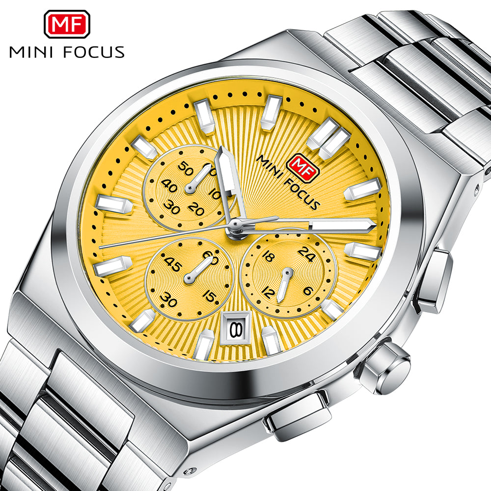 Yellow Sunburst Dial with Stainless Steel Bracelet Chronograph Watch for Men