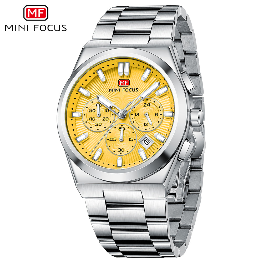 Yellow Sunburst Dial with Stainless Steel Bracelet Chronograph Watch for Men