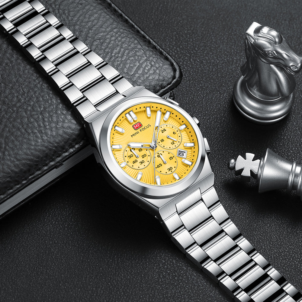 Yellow Sunburst Dial with Stainless Steel Bracelet Chronograph Watch for Men