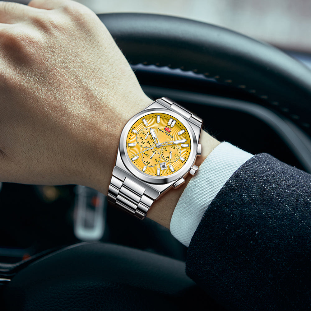Yellow Sunburst Dial with Stainless Steel Bracelet Chronograph Watch for Men