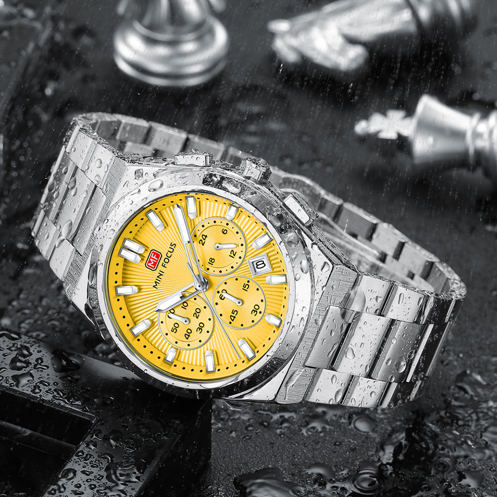 Yellow Sunburst Dial with Stainless Steel Bracelet Chronograph Watch for Men