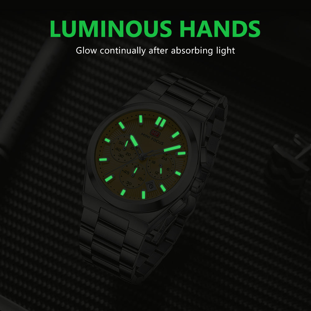 Yellow Sunburst Dial with Stainless Steel Bracelet Chronograph Watch for Men