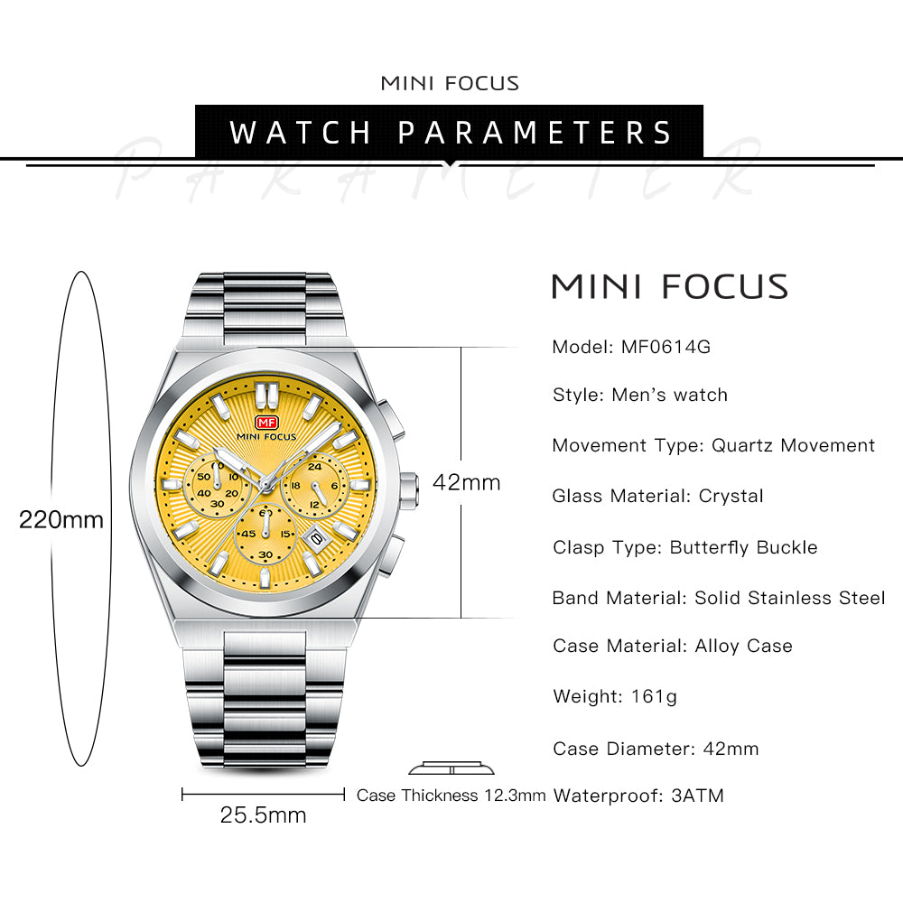 Yellow Sunburst Dial with Stainless Steel Bracelet Chronograph Watch for Men