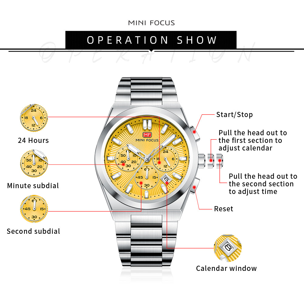 Yellow Sunburst Dial with Stainless Steel Bracelet Chronograph Watch for Men