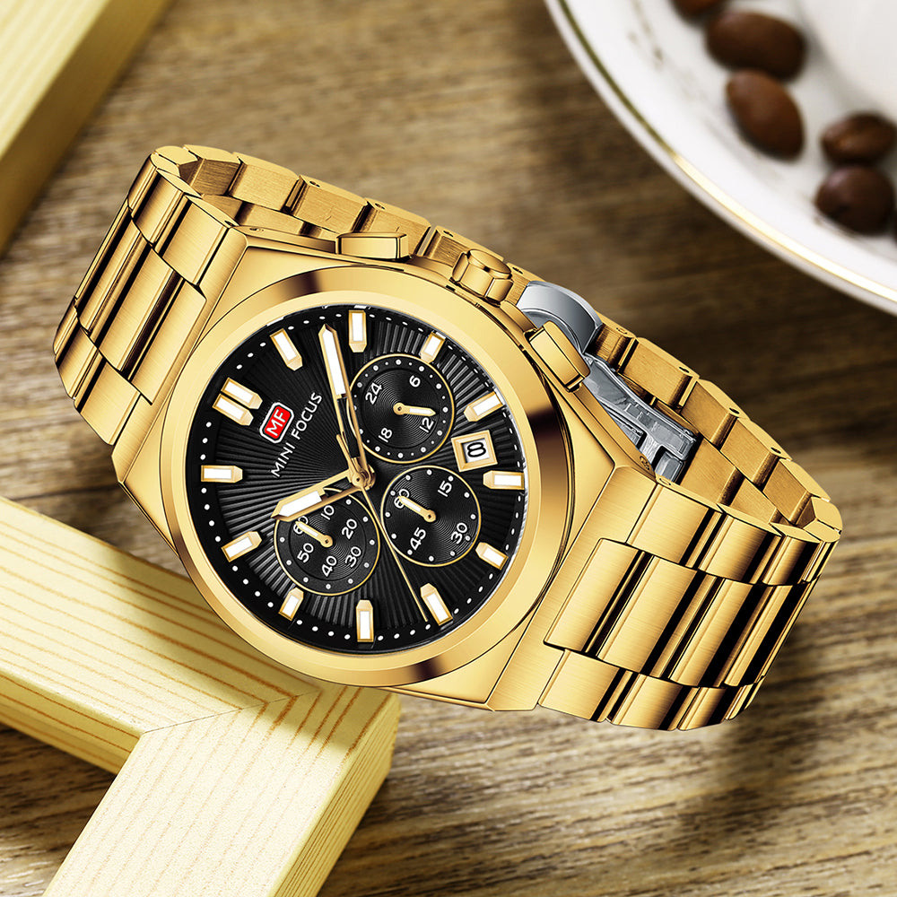 Black Sunburst Dial with Gold Bracelet Chronograph Watch for Men