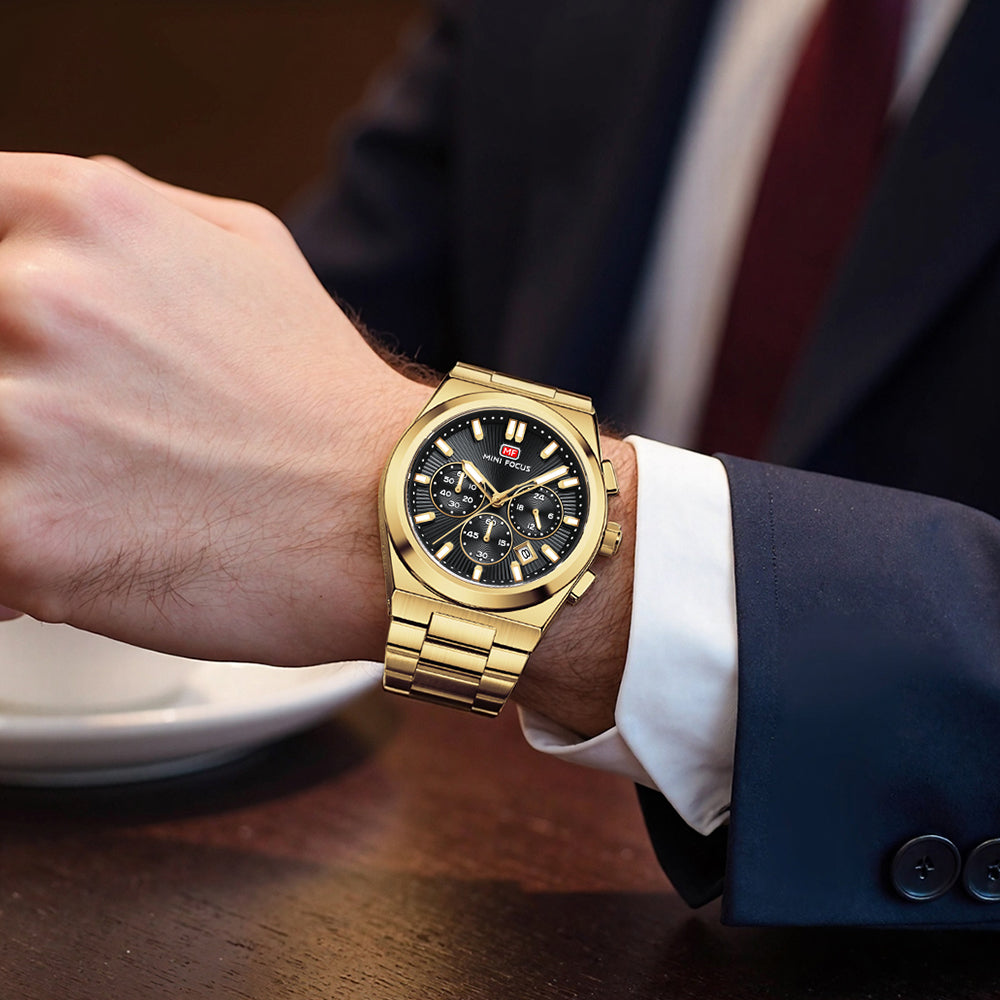 Black Sunburst Dial with Gold Bracelet Chronograph Watch for Men