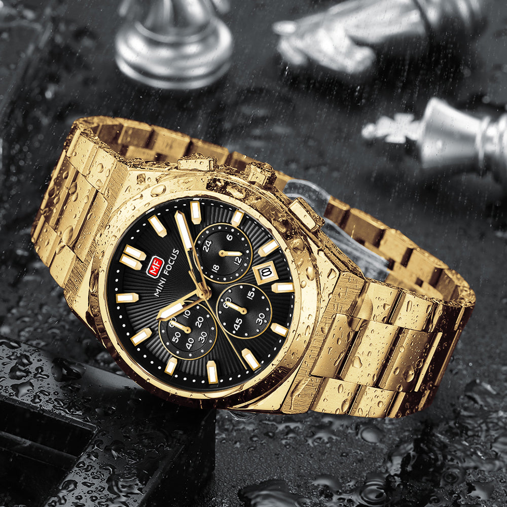 Black Sunburst Dial with Gold Bracelet Chronograph Watch for Men