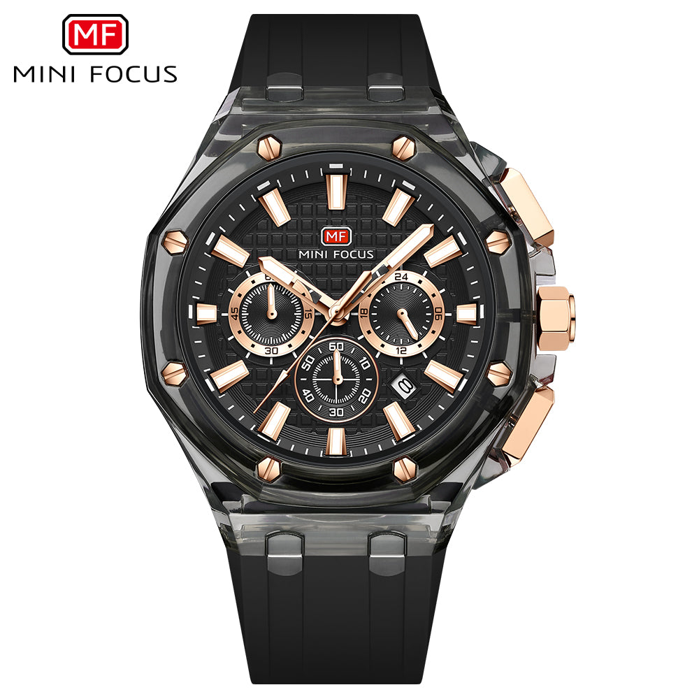 Mini Focus MF0616G.02 Quartz Chronograph – Transparent Grey Case, Rose Gold Subdials & Date Display