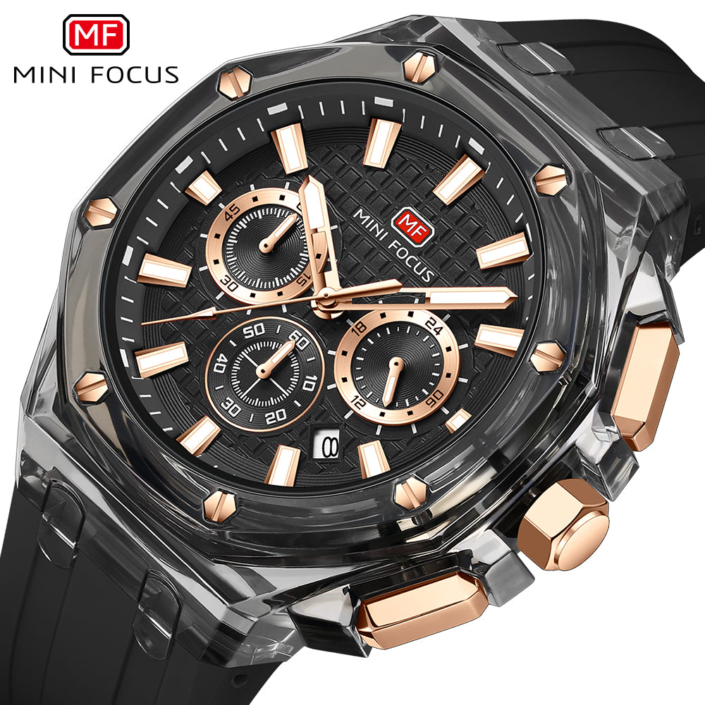 Mini Focus MF0616G.02 Quartz Chronograph – Transparent Grey Case, Rose Gold Subdials & Date Display