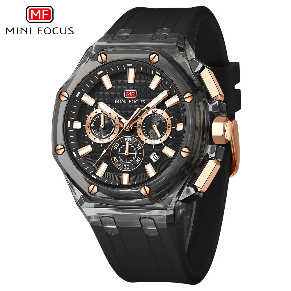 Mini Focus MF0616G.02 Quartz Chronograph – Transparent Grey Case, Rose Gold Subdials & Date Display
