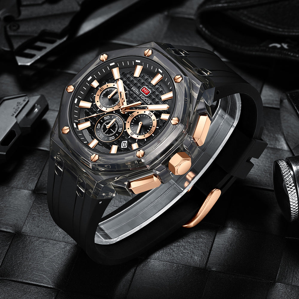 Mini Focus MF0616G.02 Quartz Chronograph – Transparent Grey Case, Rose Gold Subdials & Date Display