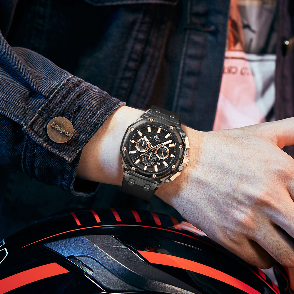 Mini Focus MF0616G.02 Quartz Chronograph – Transparent Grey Case, Rose Gold Subdials & Date Display