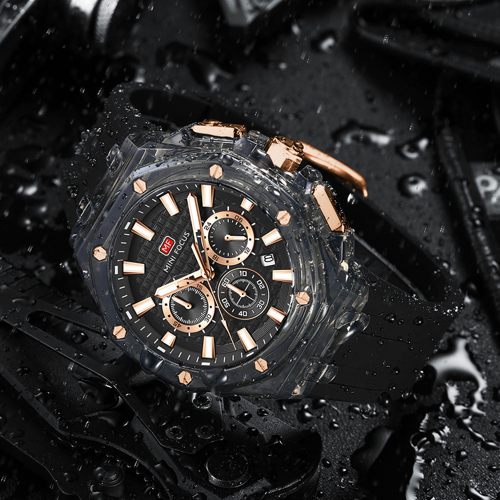Mini Focus MF0616G.02 Quartz Chronograph – Transparent Grey Case, Rose Gold Subdials & Date Display