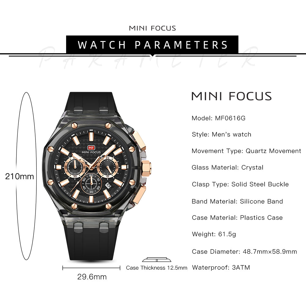 Mini Focus MF0616G.02 Quartz Chronograph – Transparent Grey Case, Rose Gold Subdials & Date Display