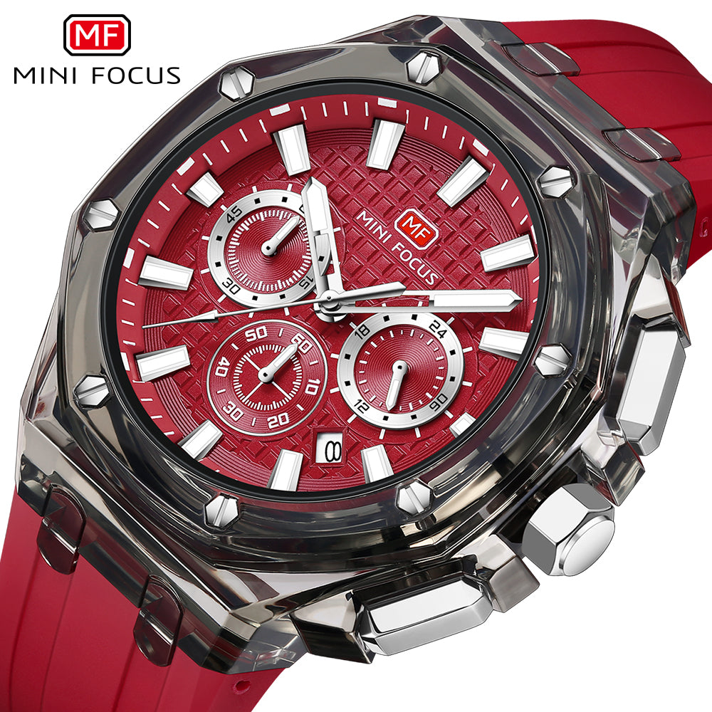 Mini Focus MF0616G.03 Transparent Chronograph – Red Textured Dial with Smoke Clear Case & Silicone Strap