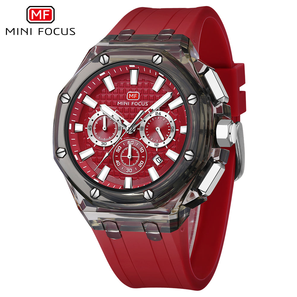 Mini Focus MF0616G.03 Transparent Chronograph – Red Textured Dial with Smoke Clear Case & Silicone Strap
