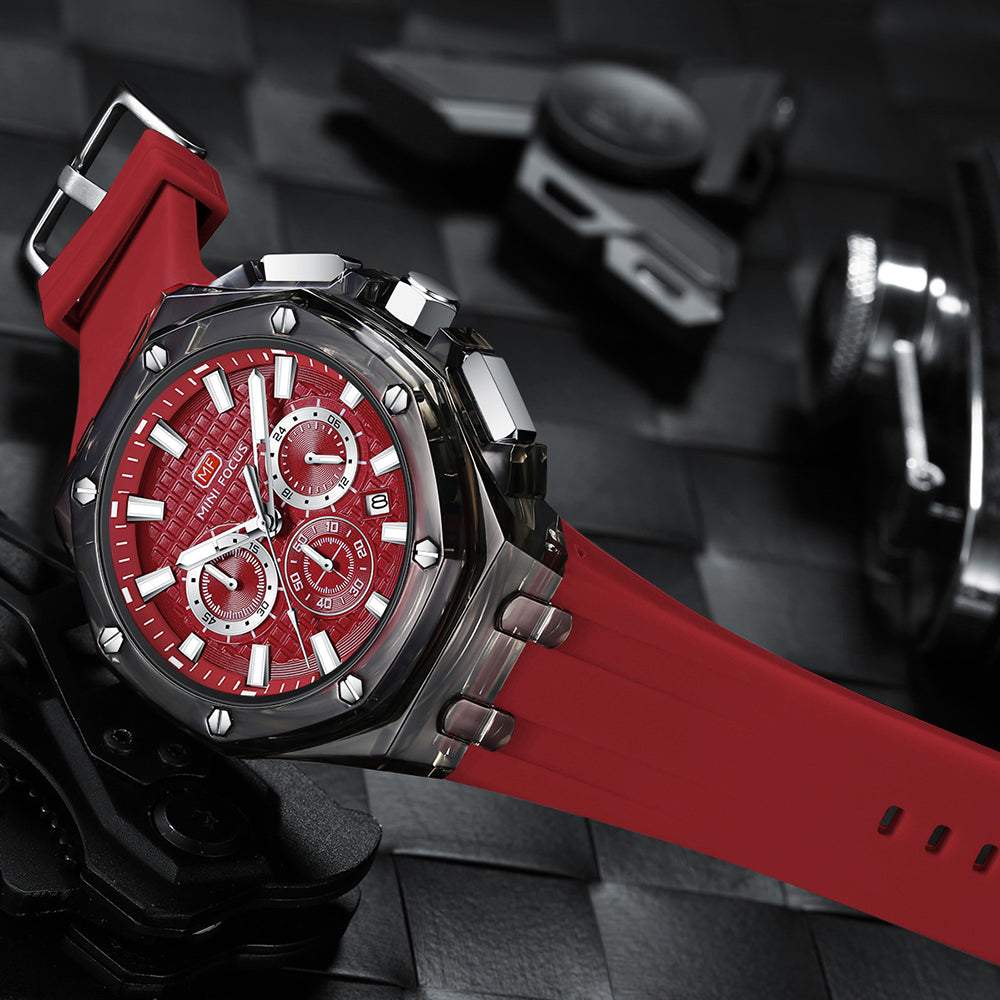 Mini Focus MF0616G.03 Transparent Chronograph – Red Textured Dial with Smoke Clear Case & Silicone Strap