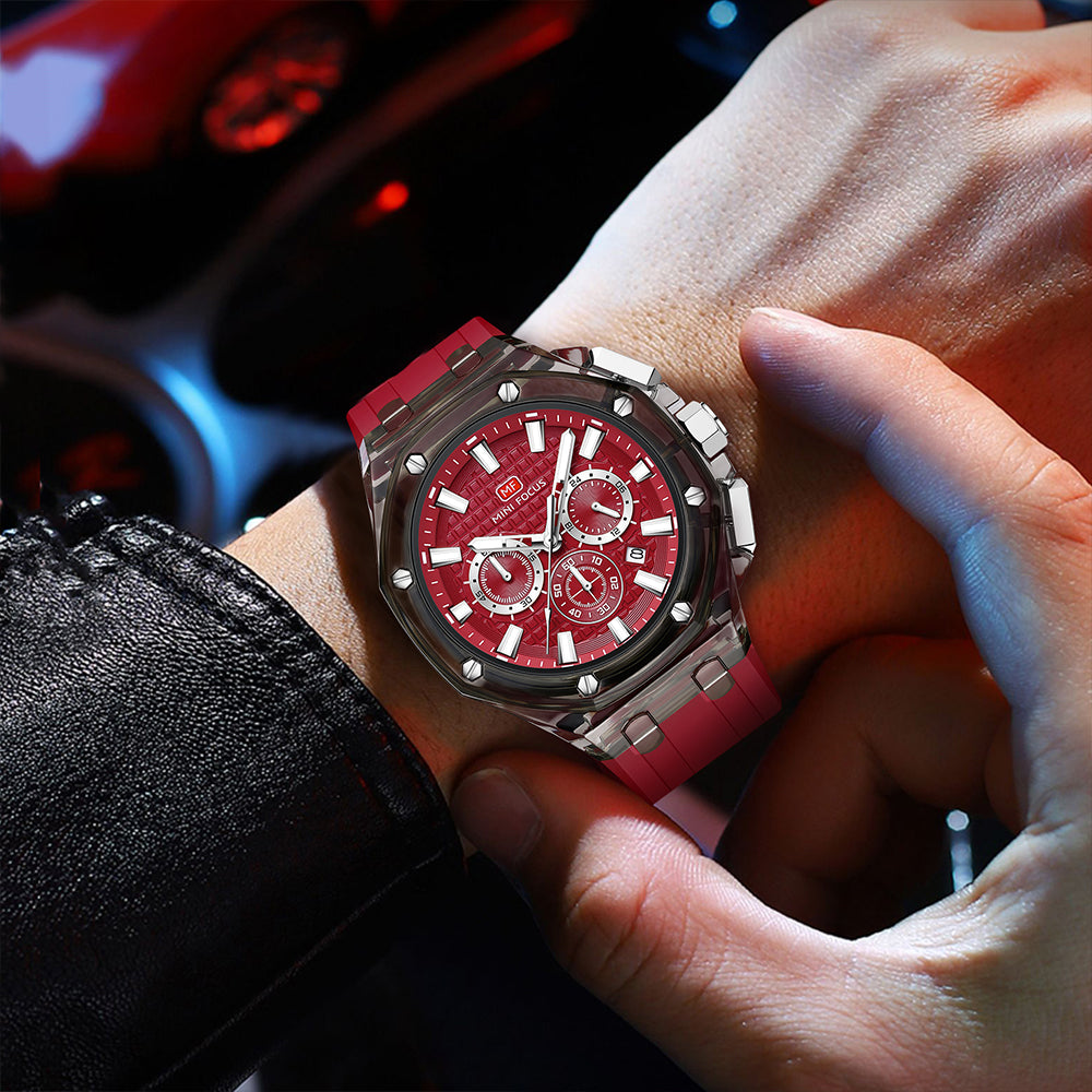 Mini Focus MF0616G.03 Transparent Chronograph – Red Textured Dial with Smoke Clear Case & Silicone Strap