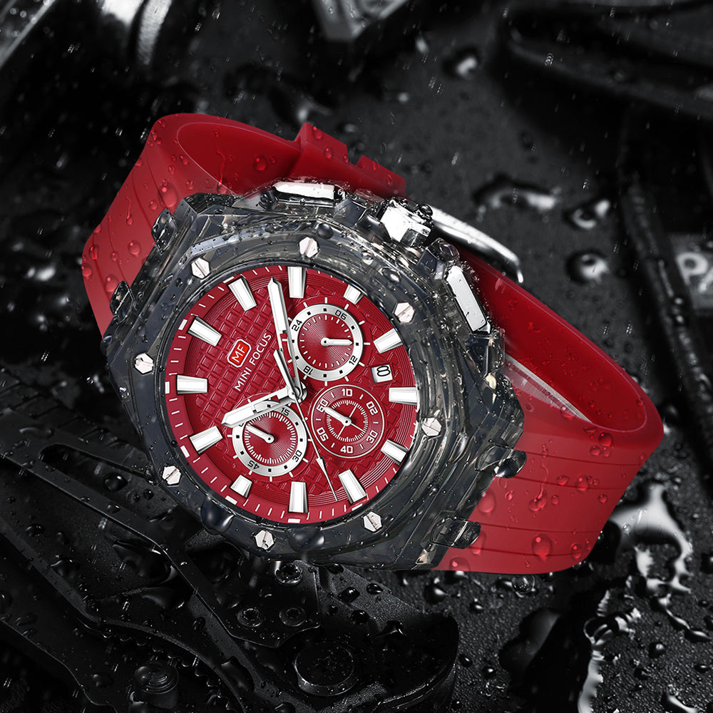 Mini Focus MF0616G.03 Transparent Chronograph – Red Textured Dial with Smoke Clear Case & Silicone Strap