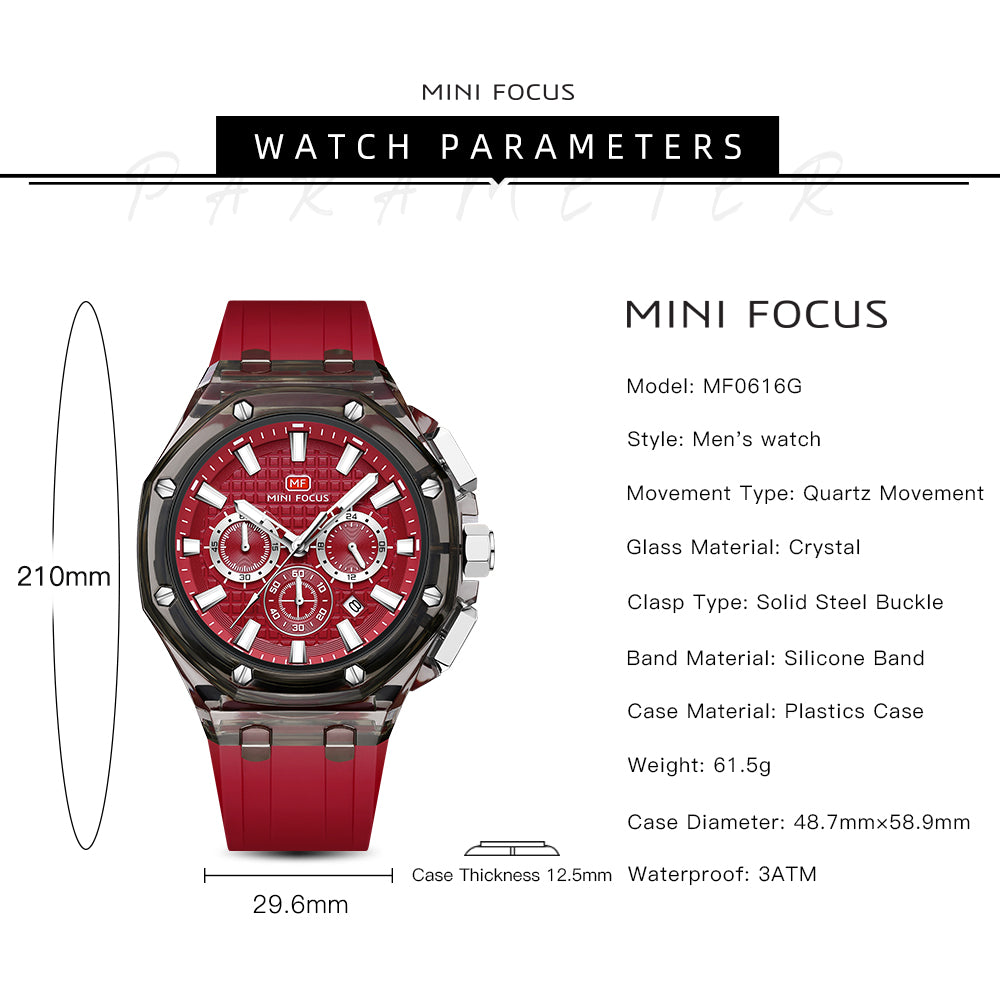 Mini Focus MF0616G.03 Transparent Chronograph – Red Textured Dial with Smoke Clear Case & Silicone Strap