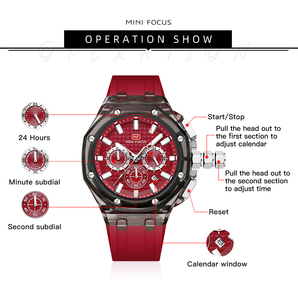 Mini Focus MF0616G.03 Transparent Chronograph – Red Textured Dial with Smoke Clear Case & Silicone Strap