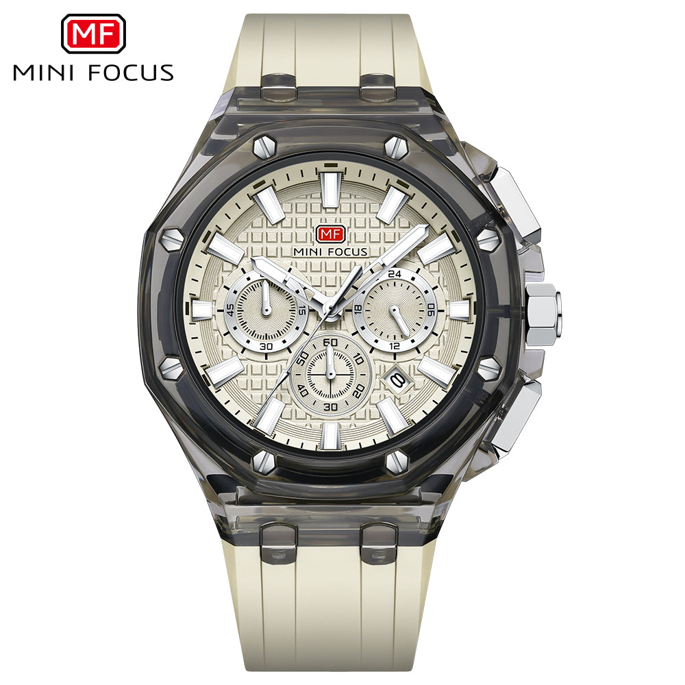Mini Focus MF0616G.04 Transparent Chronograph – Champagne Textured Dial with Smoke Clear Case & Cream Silicone Strap