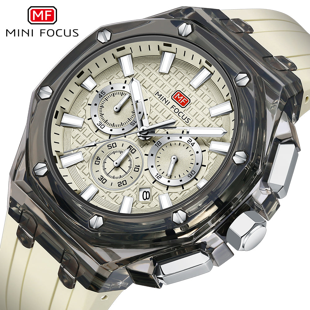 Mini Focus MF0616G.04 Transparent Chronograph – Champagne Textured Dial with Smoke Clear Case & Cream Silicone Strap