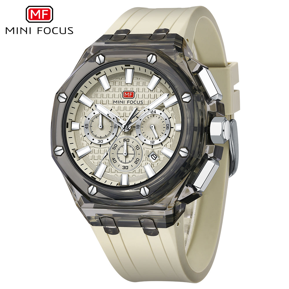 Mini Focus MF0616G.04 Transparent Chronograph – Champagne Textured Dial with Smoke Clear Case & Cream Silicone Strap