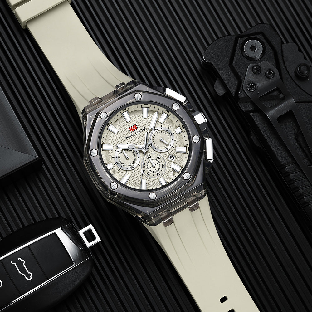 Mini Focus MF0616G.04 Transparent Chronograph – Champagne Textured Dial with Smoke Clear Case & Cream Silicone Strap