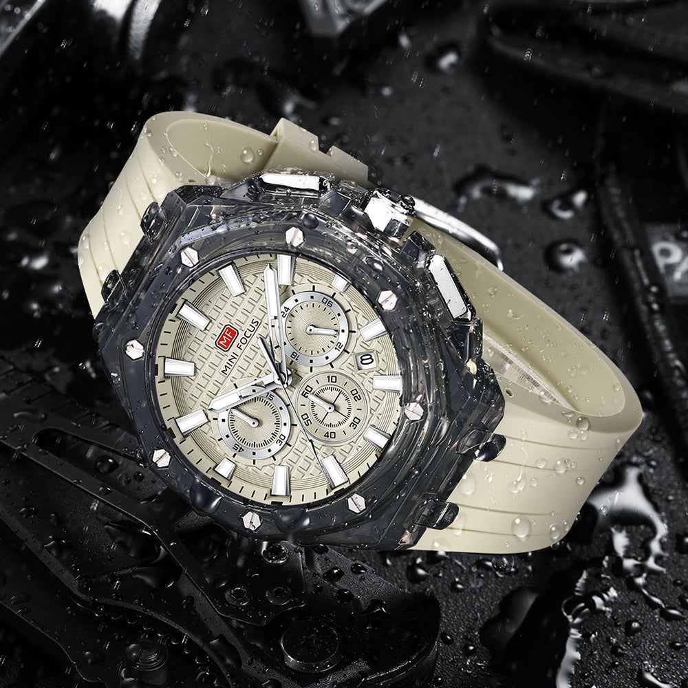 Mini Focus MF0616G.04 Transparent Chronograph – Champagne Textured Dial with Smoke Clear Case & Cream Silicone Strap