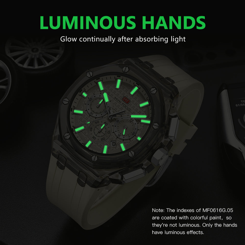 Mini Focus MF0616G.04 Transparent Chronograph – Champagne Textured Dial with Smoke Clear Case & Cream Silicone Strap