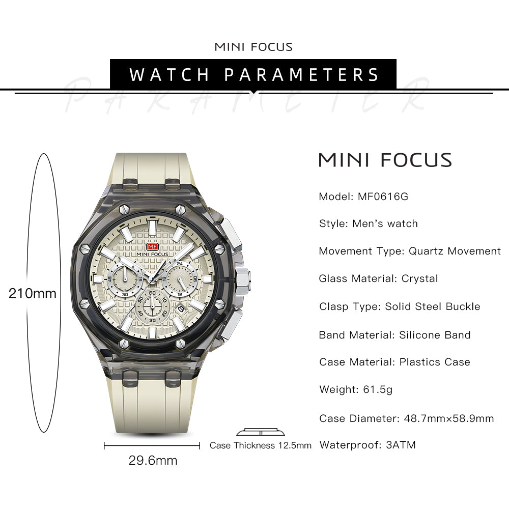 Mini Focus MF0616G.04 Transparent Chronograph – Champagne Textured Dial with Smoke Clear Case & Cream Silicone Strap