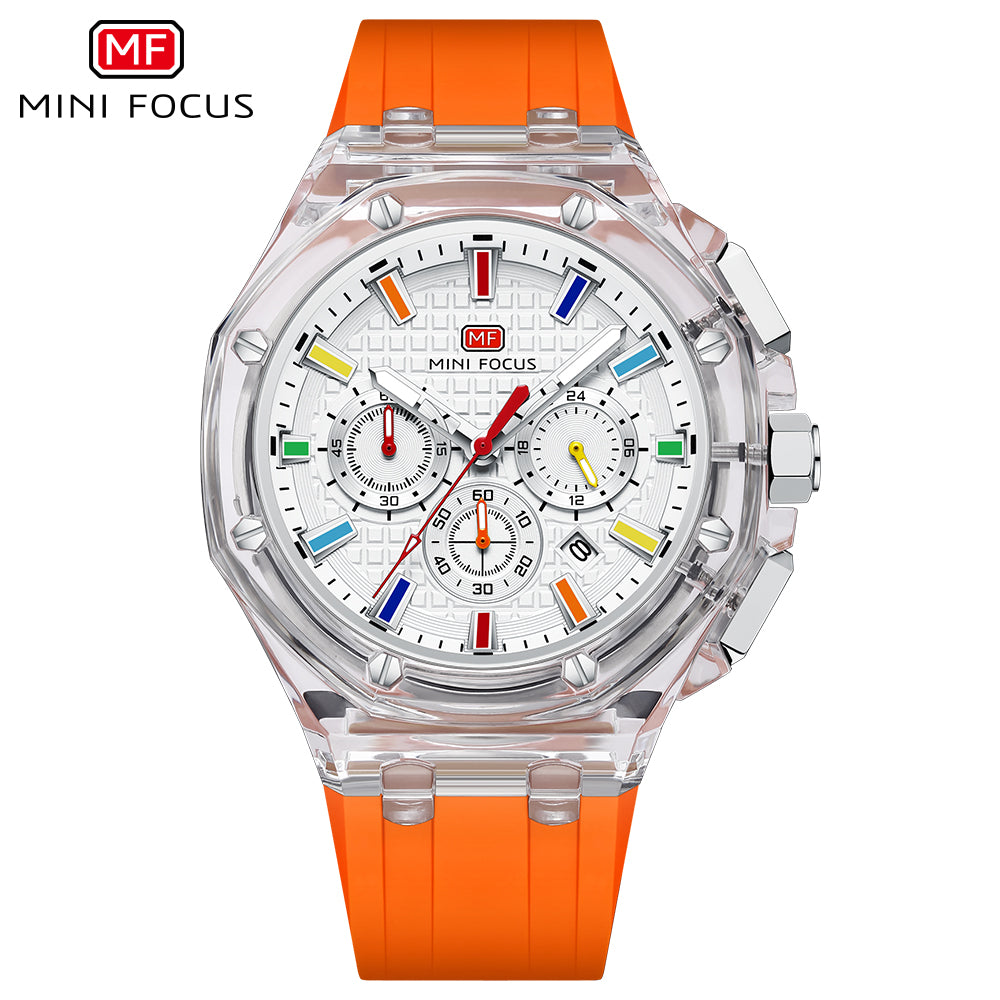 Mini Focus MF0616G.05 Crystal Case Chronograph – Rainbow Index White Dial & Bold Orange Band