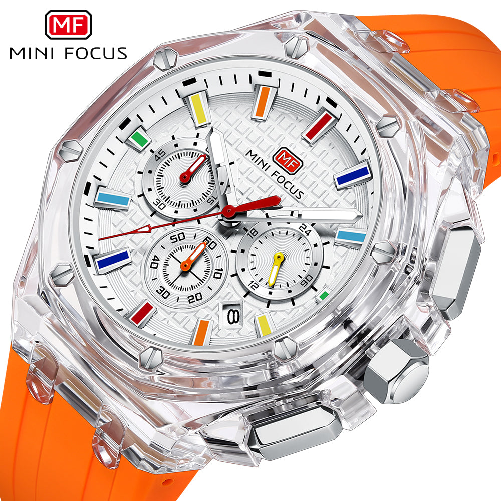 Mini Focus MF0616G.05 Crystal Case Chronograph – Rainbow Index White Dial & Bold Orange Band