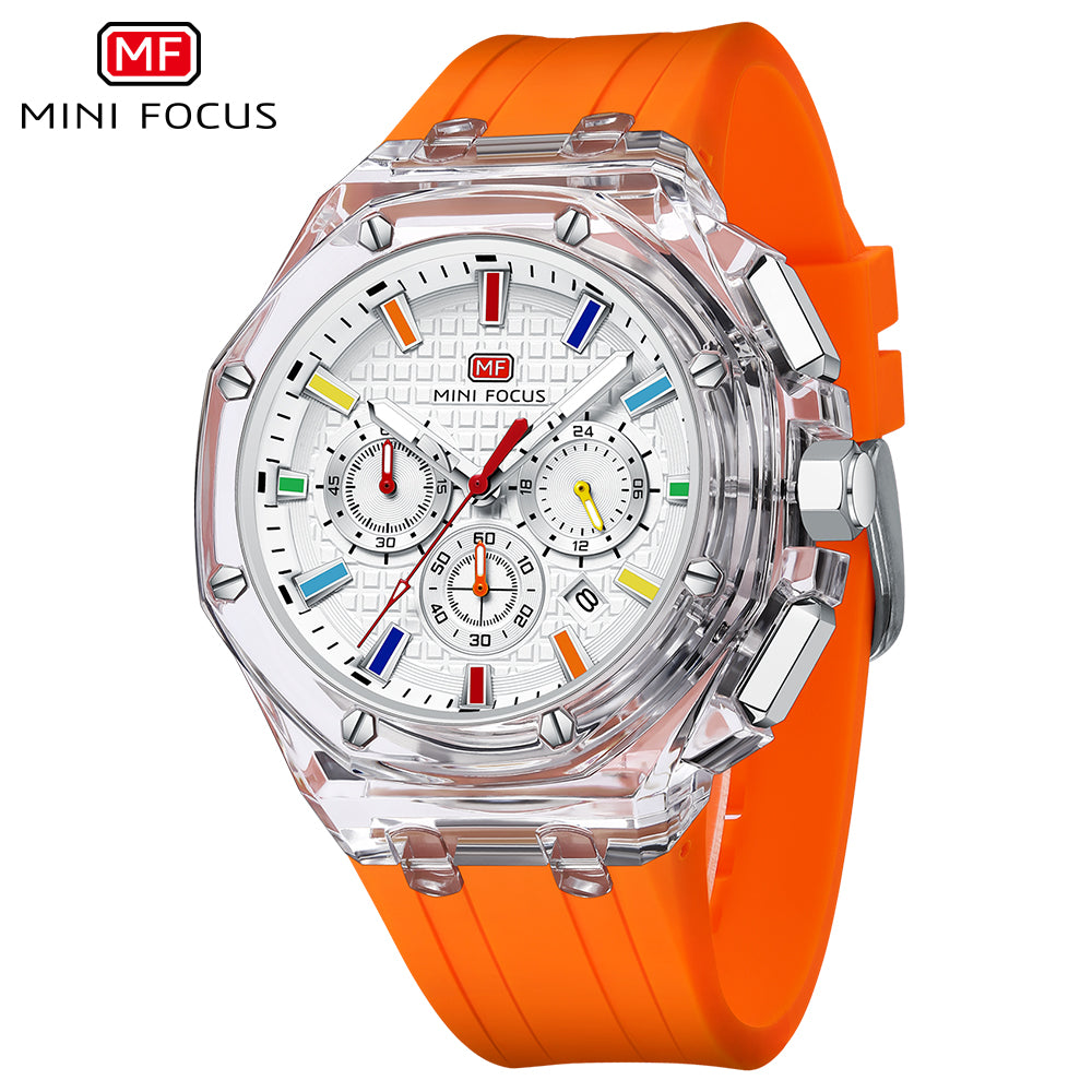 Mini Focus MF0616G.05 Crystal Case Chronograph – Rainbow Index White Dial & Bold Orange Band