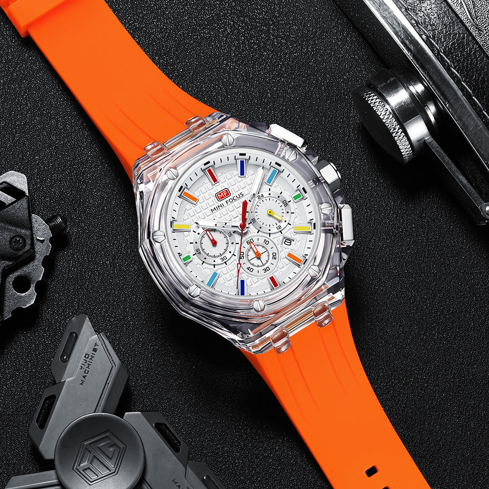 Mini Focus MF0616G.05 Crystal Case Chronograph – Rainbow Index White Dial & Bold Orange Band