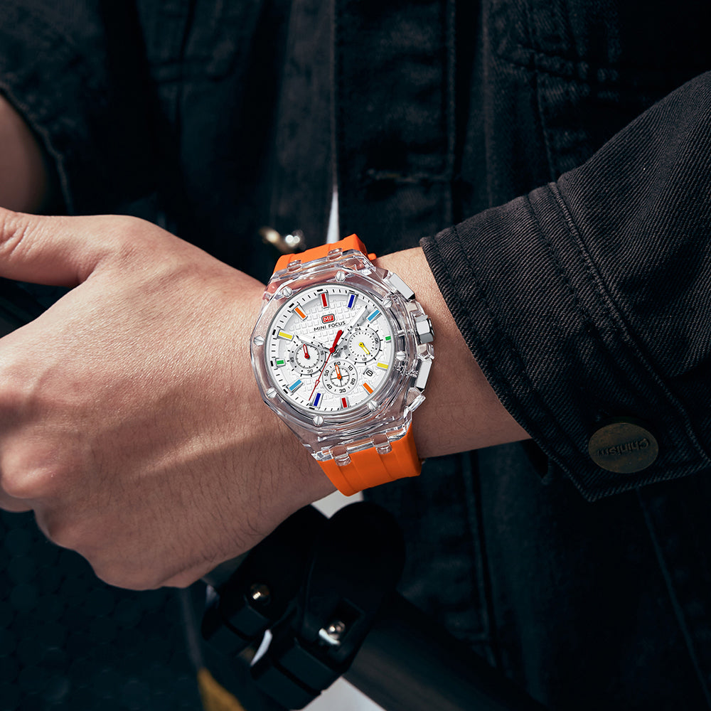 Mini Focus MF0616G.05 Crystal Case Chronograph – Rainbow Index White Dial & Bold Orange Band