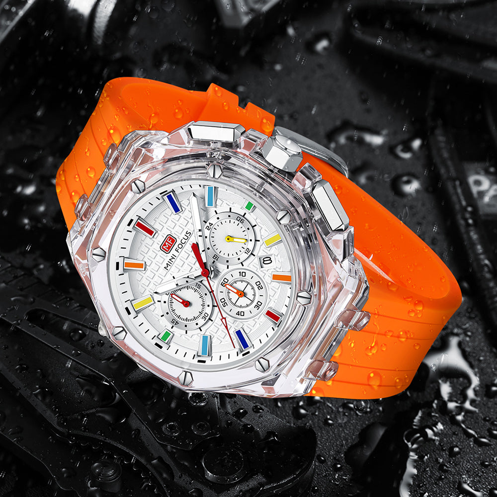 Mini Focus MF0616G.05 Crystal Case Chronograph – Rainbow Index White Dial & Bold Orange Band