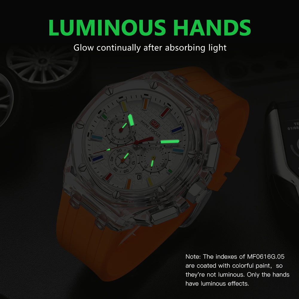 Mini Focus MF0616G.05 Crystal Case Chronograph – Rainbow Index White Dial & Bold Orange Band