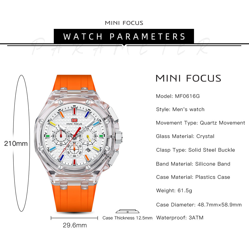 Mini Focus MF0616G.05 Crystal Case Chronograph – Rainbow Index White Dial & Bold Orange Band