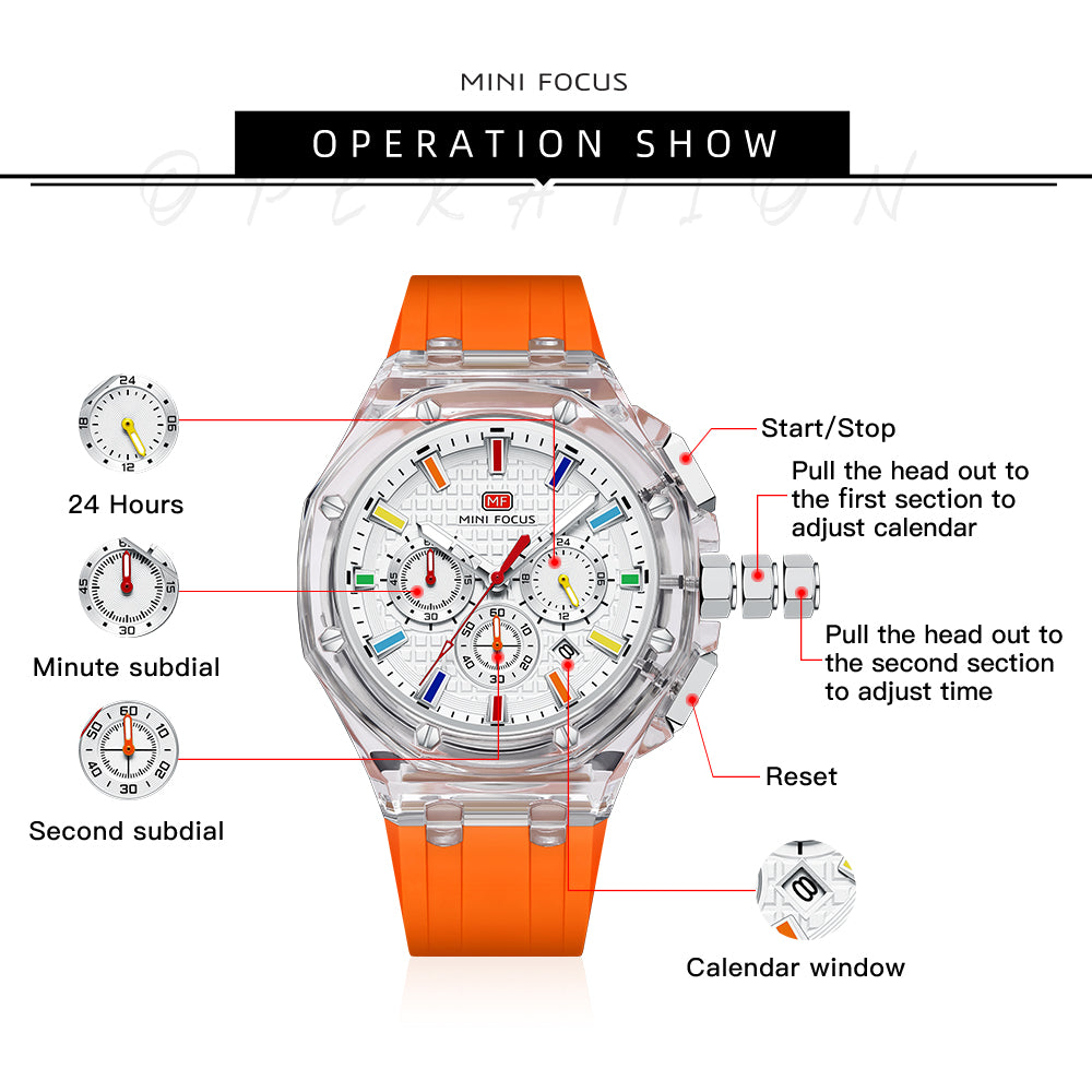 Mini Focus MF0616G.05 Crystal Case Chronograph – Rainbow Index White Dial & Bold Orange Band
